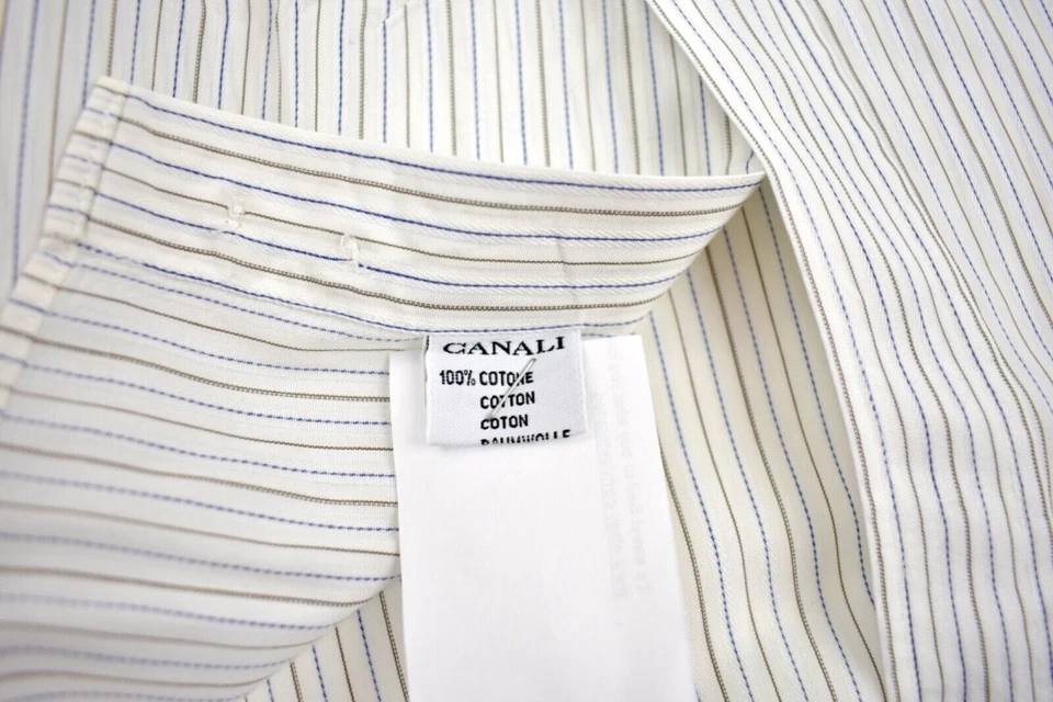 Canali 白色带蓝色/棕色条纹尖领棉质正装衬衫尺寸:16-35 — 第 4/4 张图片