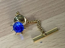 Vintage SWANK Blue Rhinetone Gold Tone Tie Tack With Chain Clasp