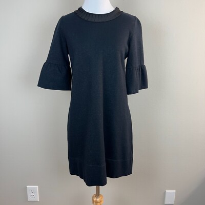 French Connection Dress 6 Navy Black Metallic Mini Shift Bell Elbow Sleeve Party