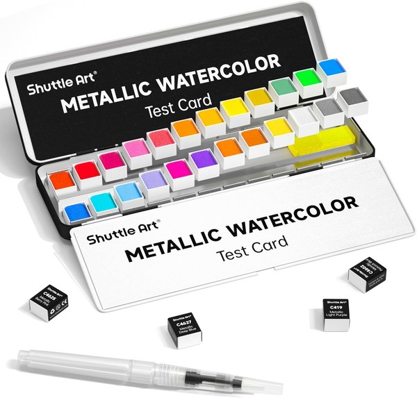 Aquarellfarben Set 24 Metallic Wasserfarben Mit Pinsel Und Aquarellpapier-image