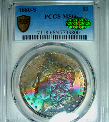 1880-S GEM RAINBOW MORGAN DOLLAR PCGS MS66 CAC~COLORFUL OBVERSE RAINBOW TONING*