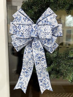 Handmade Large Blue and White Flower Pattern Bow for Wreath 10 x 16 in.