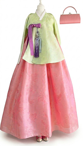 Korean Traditional Dress Dangui Hanbok Set-Green & Peach/Petticoat 2 Norigae Bag