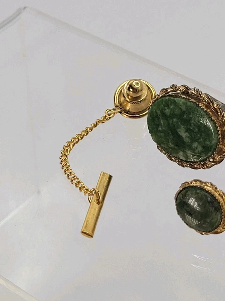 Винтажные мужские запонки и галстук из чистого серебра с золотым и нефритовым нефритом - Изображение 4 из 4