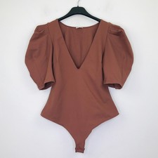 Free People Women's M Bodysuit Brown Va Va Voop Puff Sleeve V-Neck AY18
