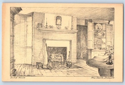 1940 New Castle Delaware DE Postcard Dutch House Interior View Fireplace Drawing