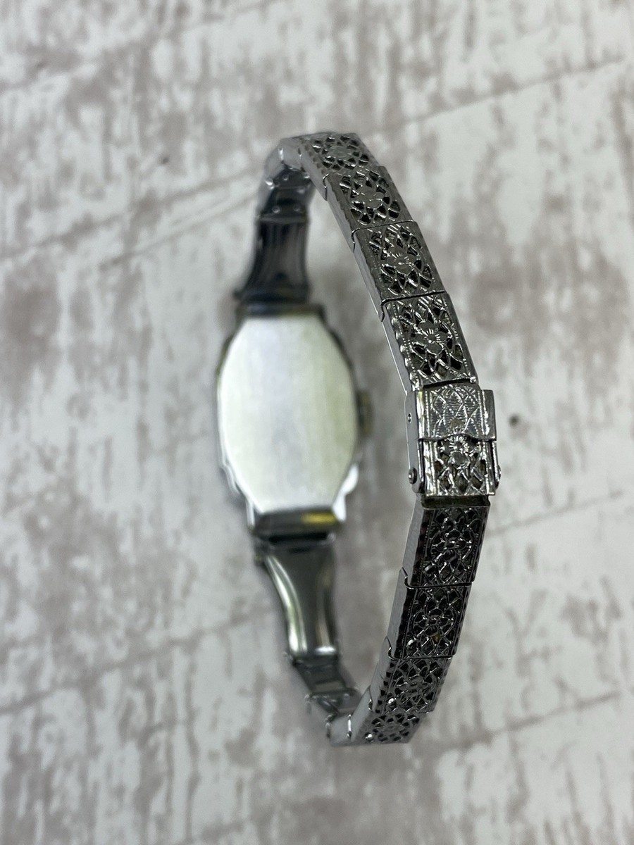 1920s Vintage Bulova Ladies Filigree White metal wrist watch  display picture 1