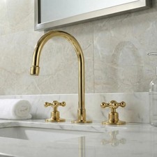 Unlacquered Brass Bathroom Faucet: Widespread 3 Hole Sink Fixtures - Deck Mount