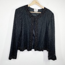 Stenay Vintage Black 100 Silk Long Sleeve Beaded Jacket Women's Size Large L