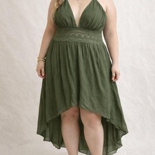 Olive Boho Halter High–Low Dress Crochet Waist Tie Neck 2X