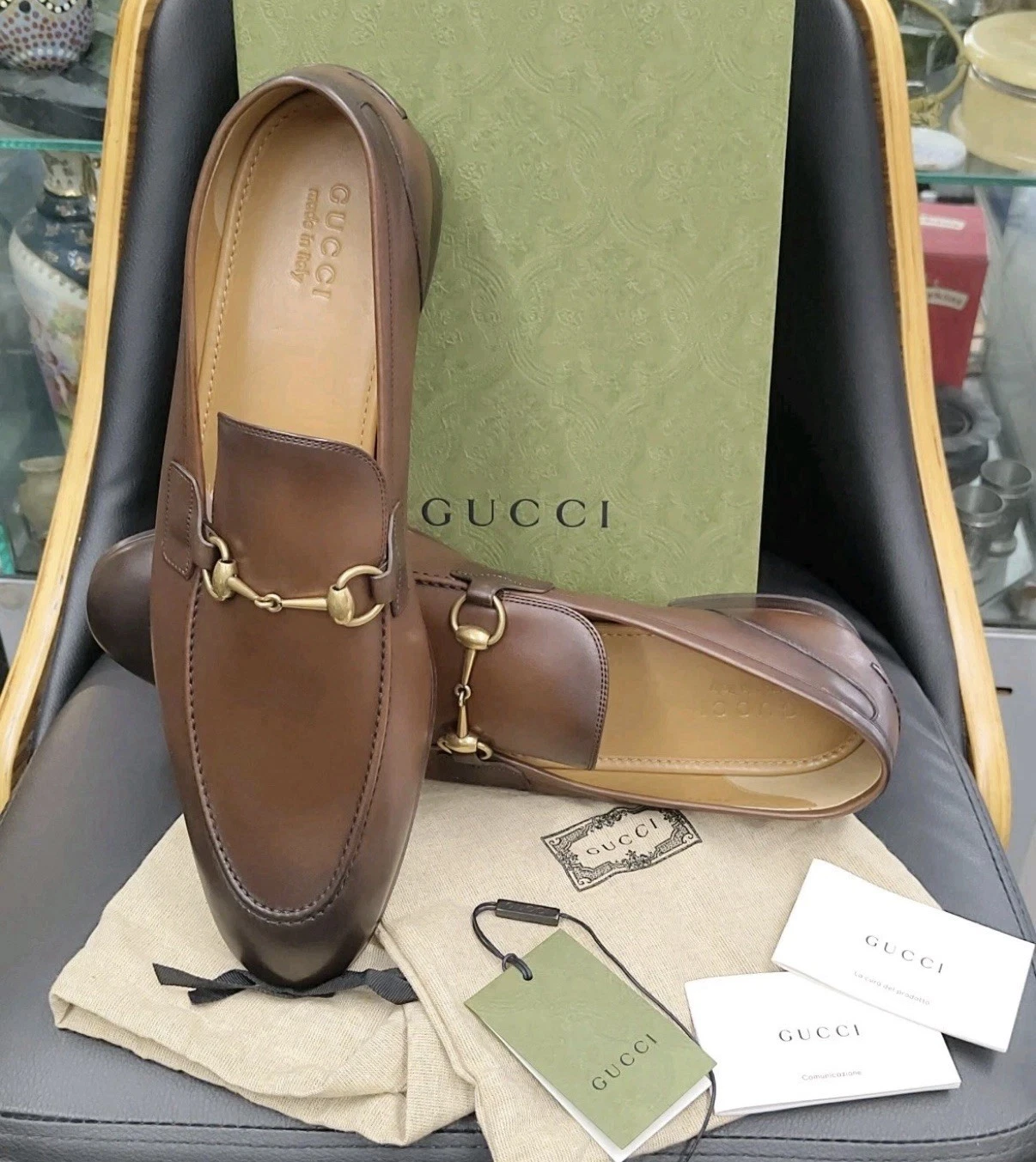 Mocassins Gucci Jordaan cuir marron mors de cheval à enfiler 406994 homme taille 14 NEUF