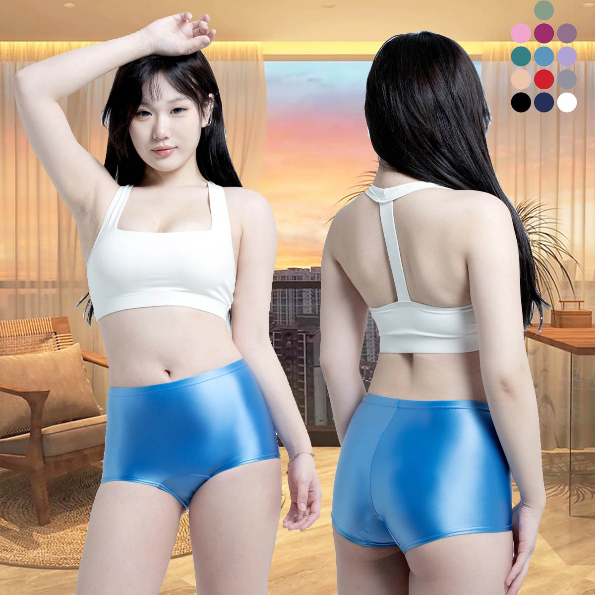 Pantalones cortos ajustados deportivos de cintura media elásticos brillo aceite MJINM fitness yoga