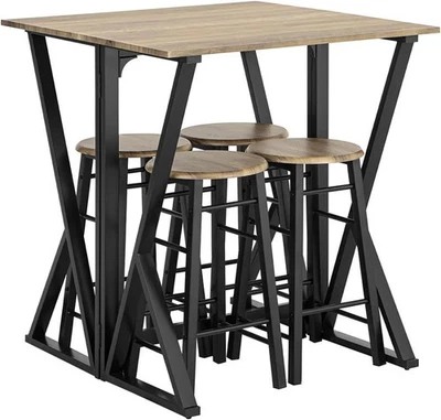 PRESENT-HOUSE1 5-Piece Industrial Breakfast Bar Table Set, Folding Dining Table with 4 Stools