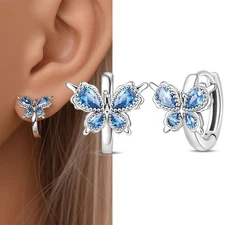 PANDACH 925 Sterling Silver Tiny CZ Butterfly Huggie Hoop Earrings For Women USA