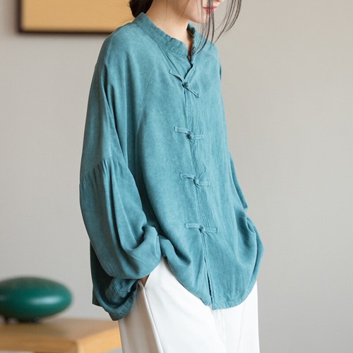 Damen Baumwolle Leinen Bluse Shirt Top Frosch Knopf Ethno Fledermausärmel Shirt locker - Bild 12 von 22