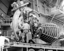 Space Shuttle Main Engine Hoisted into Test Stand Space Shuttle 8X12 PHOTOGRAPH