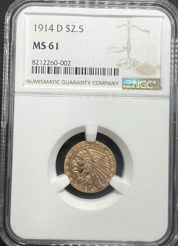 1914 D Quarter Eagle NGC MS61 $2.5 Denver Minted Indian Head Gold Coin