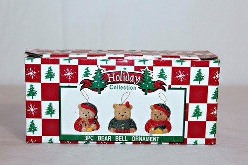 WORLD BAZAARS 3 Little BEAR BELL Glazed Pottery Ornaments Holiday Collection NEW - Picture 2 of 9