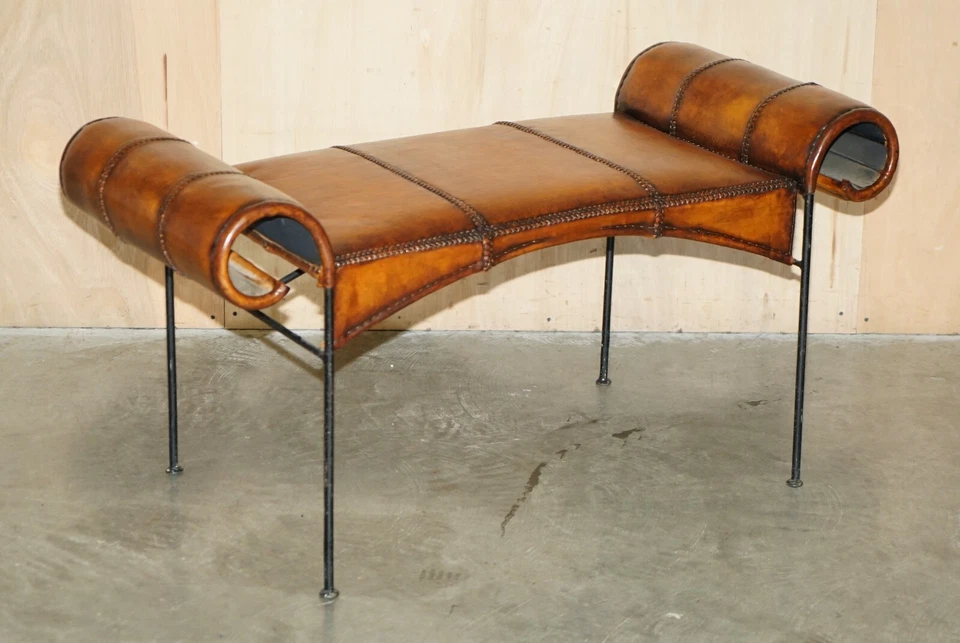 STUNNING FULLY RESTORED VINTAGE HAND LEATHER STITCHED SPANISH IRON WINDOW BENCH - Image 2 of 4