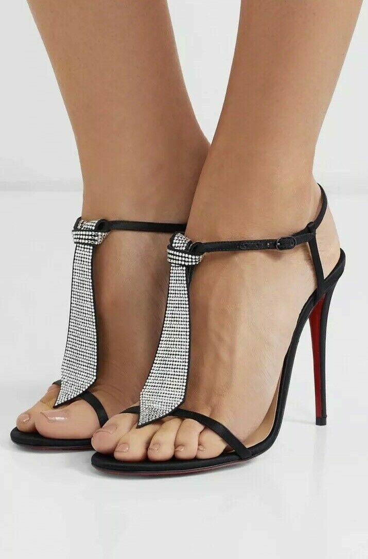 NIB LOUBOUTIN T CAB 100 BLACK CREPE SATIN JEWELED TIE ANKLE STRAP