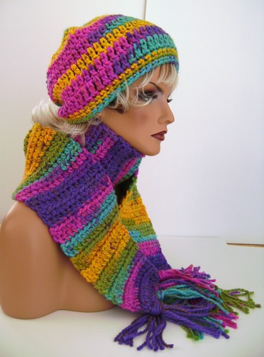 BRIGHT HOT MULTI HAND CROCHET HAT AND SCARF SET HAND MADE BEANIE CLOCHE TAM CAP - Picture 8 of 12