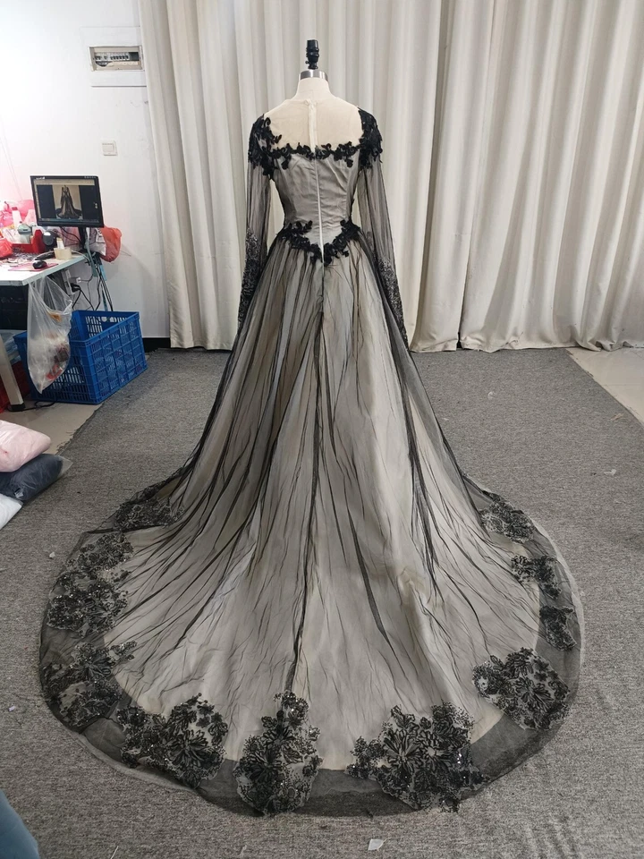 Gothic Black Wedding Dresses Long Sleeves Sweep Train Lace Applique Bridal Gowns - Image 2 of 4