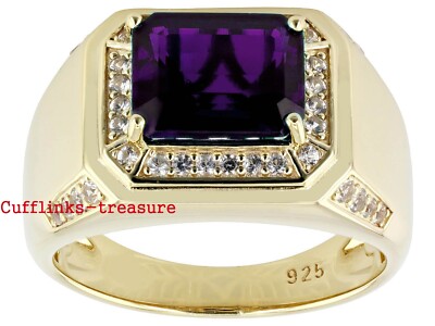 Natural Amethyst & CZ Gemstones with 925 Sterling Silver Gold Plated Ring #3412