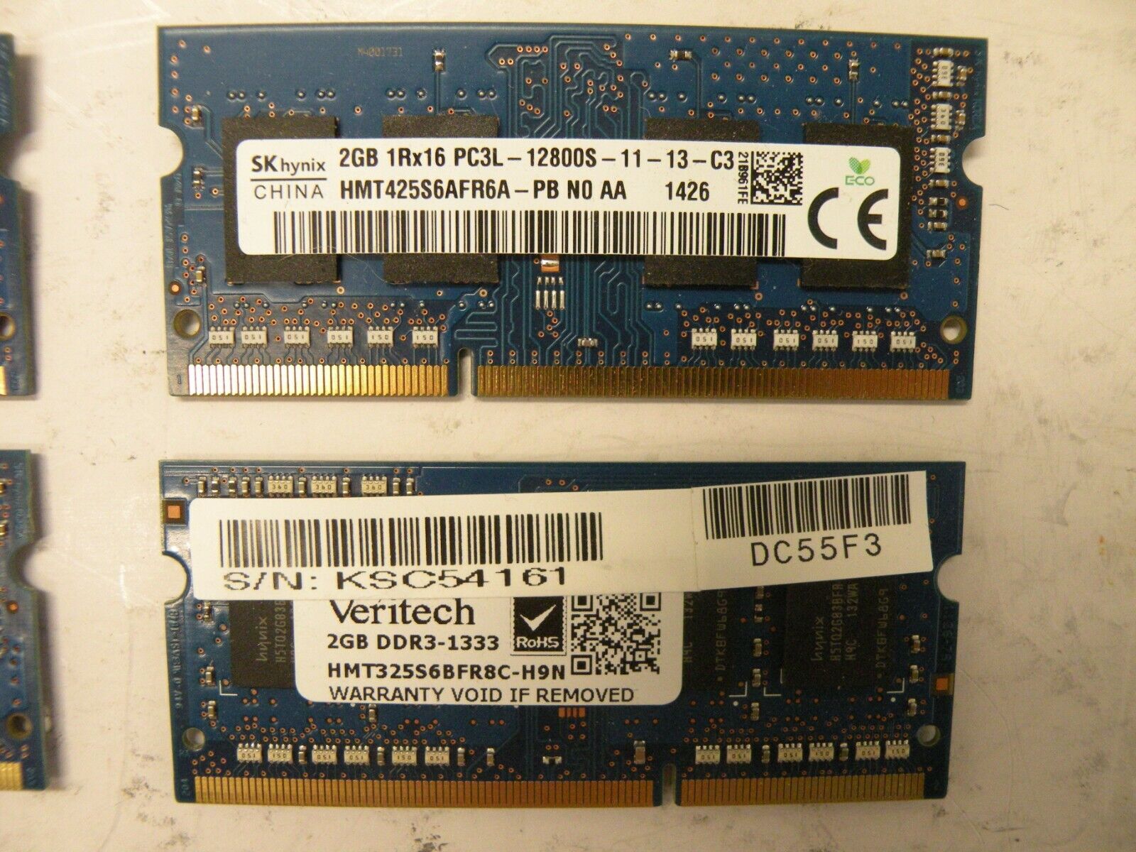 LOT OF 3) 2GB 1Rx16 PC3L-12800S & 1) 2GB 1Rx8 PC3-10600S LAPTOP SODIMM  HYNIX OEM