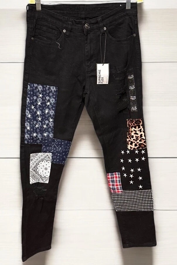 Rue21 men’s supreme flex skinny size 32 32L jeans black patches distressed new