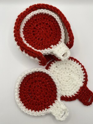 Handmade Crochet Coaster Set Christmas Colors Ornament Shaped Red & White