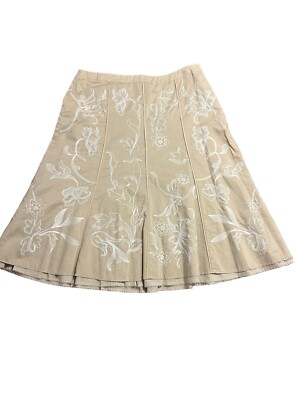 Ann Taylor Sz 8 Skirt Khaki Floral Embroidered Box Pleats Shabby Chic EUC