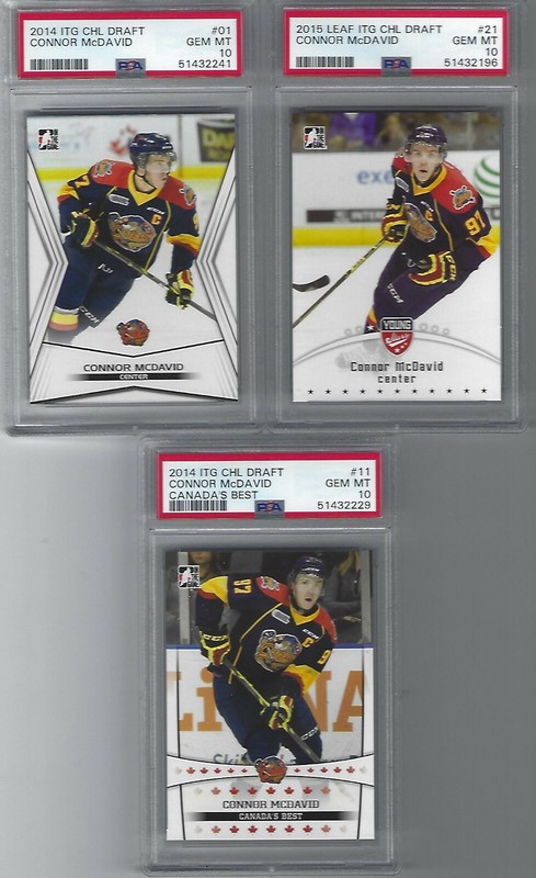 CONNOR MCDAVID LEAF ITG 3 CARD ROOKIE LOT WEARING CHL JERSEY PSA GEM MINT 10