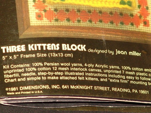 Dimensions Needlepoint Kit Vintage New Sealed 1981 Miller Three Kittens Block - Bild 3 von 4