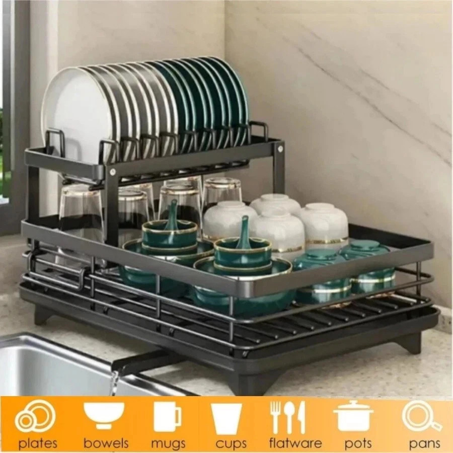 2 Tier Dish Drying Rack Kitchen Stainless Steel Organizer Bowl Drainer Storage