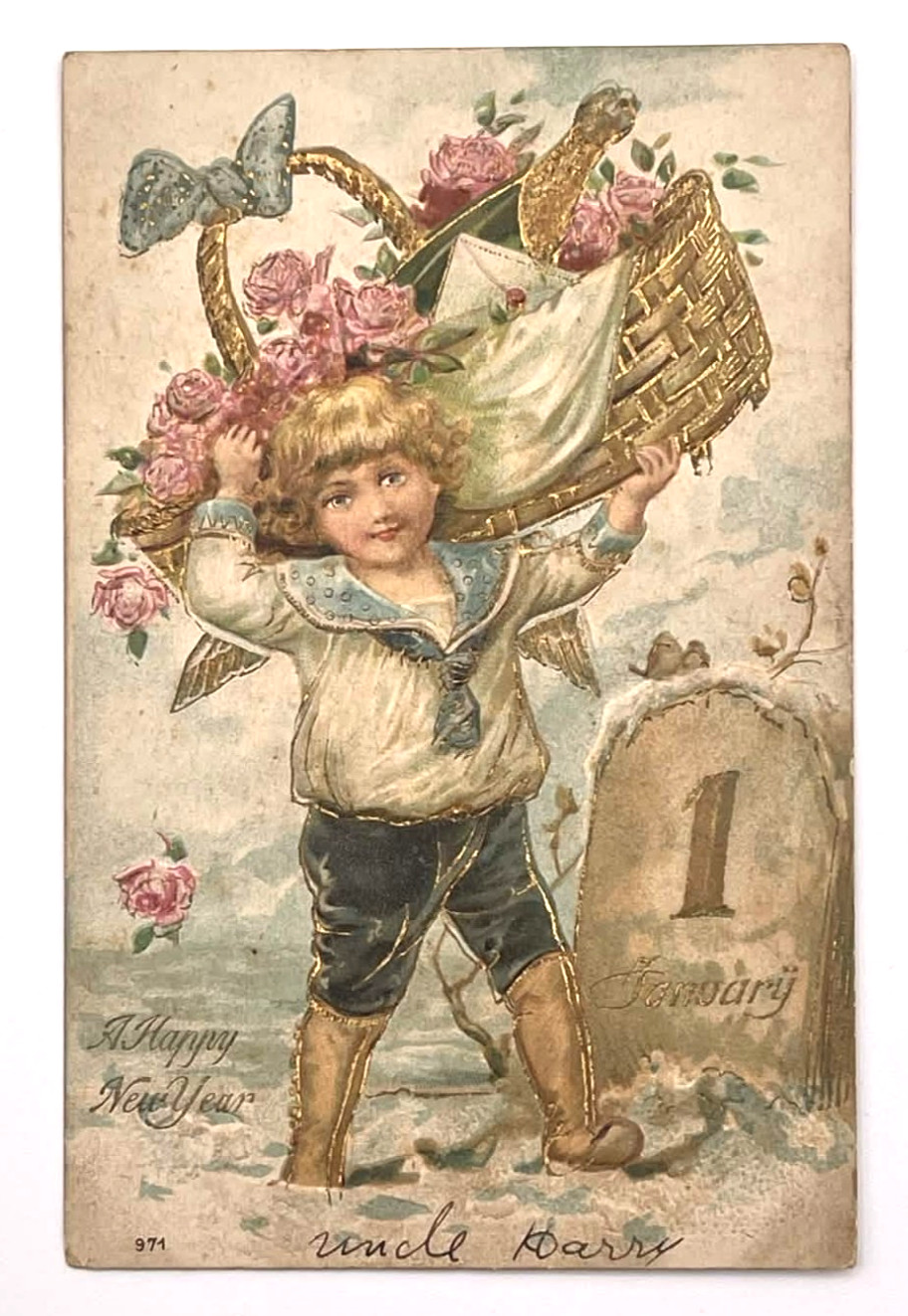 Antique New Year Child Basket Champagne Roses January 1 Postcard Embossed