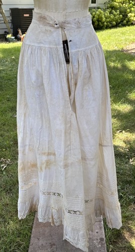 Antique 1900s Victorian Petticoat Maxi Skirt White Cotton Lawn Embroider Lace - Picture 11 of 13