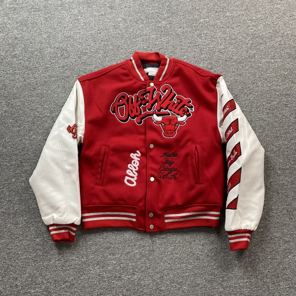 Off-White Champions World Famous Unisex Wool & Leather Varsity Off-White Champions World Famous Unisex Wool & Leather Varsity