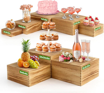 8-Pack Pine Wood Buffet Risers for Multi-Level Food Display and Catering