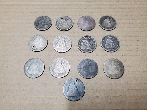 Lot of 13 United States Silver Seated Liberty Quarters 25C