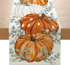 ONFAON Fall Decorations for Home, Fall Table Runner 13x72 Inch, Pumpkins Eucalyp