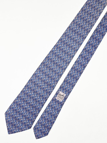 Hermes Tie Silk Necktie 7119 FA Horse Bit & Ribbon Striped on Blue - Picture 3 of 7