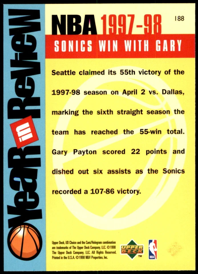 Gary Payton 1998-99 UD Choice #188 SuperSonics NBA READ FREE SHIP AutographDen - Image 2 of 2