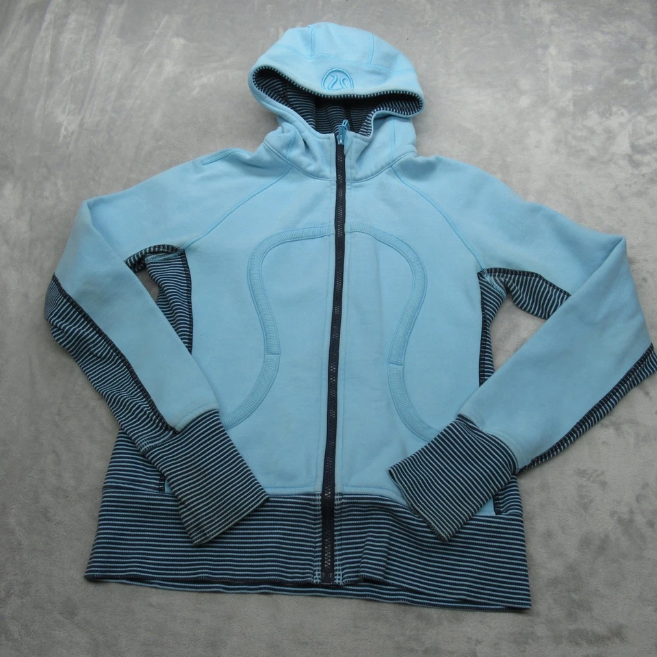 Sudadera con capucha de buceo Lululemon para mujer 8 rayas azules cremallera completa agujeros para los pulgares peso pesado LEER Foto 2 de 4