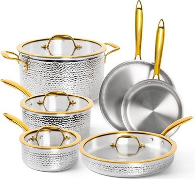 Michelangelo Triply Stainless Steel Pots and Pans Set, 10-Piece Hammered Stainle
