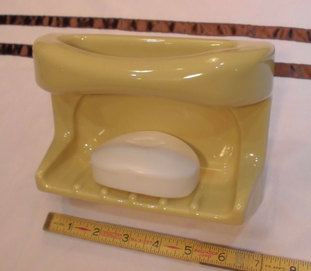 Vintage *Harvest Gold Yellow* Glossy Ceramic Soap Dish with Grab Bar