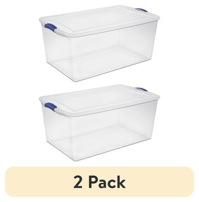 2 pack Sterilite 105 Qt. Clear Plastic Latching Box, Blue Latches with Clear LID