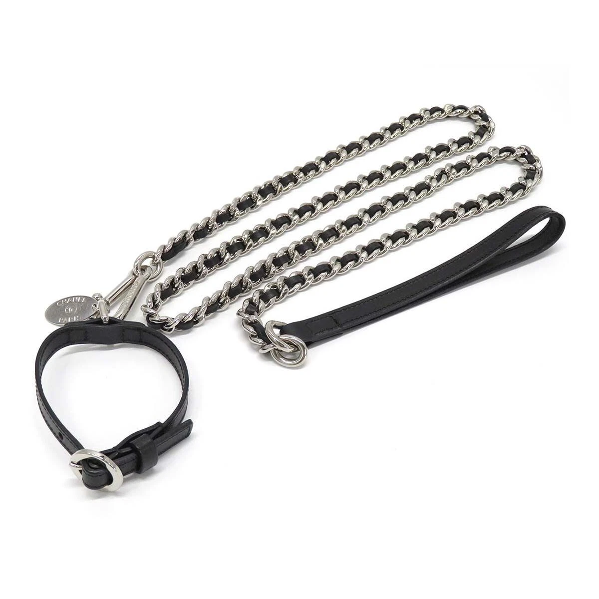 CHANEL Dog Collar 22-26cm & Chain Dog Leash 122cm Set Mint