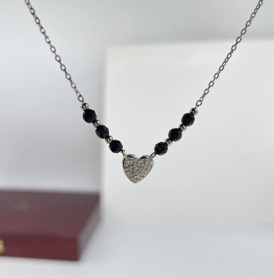 Collana femminile cuore puntiluce brillanti e perline nere briolè in argento 925 - Immagine 3 di 4