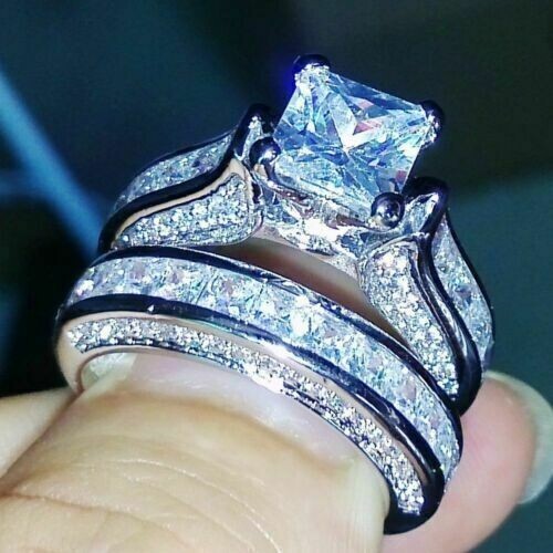3.50Ct Princess Cut Lab-Created Diamond Bridal Ring Set 14k White Gold ...