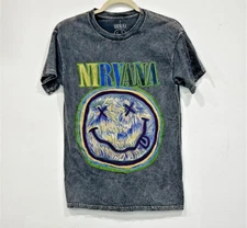 NIRVANA Smiley Face Brush Stroke Crewneck Graphic T-Shirt Acid Wash Band Tee S